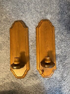 Vintage Pair of Wooden Wall Candle Sconces